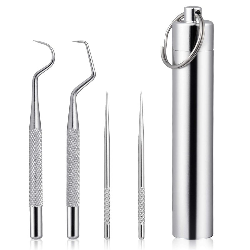 Worldity 5Pcs Reusable Toothpick, Portable Metal Toothpick, Professional Teeth Cleaning Tools, Dental Picks with Toothpick Holder and Key Ring for Travel Picnic Camping - Image 1