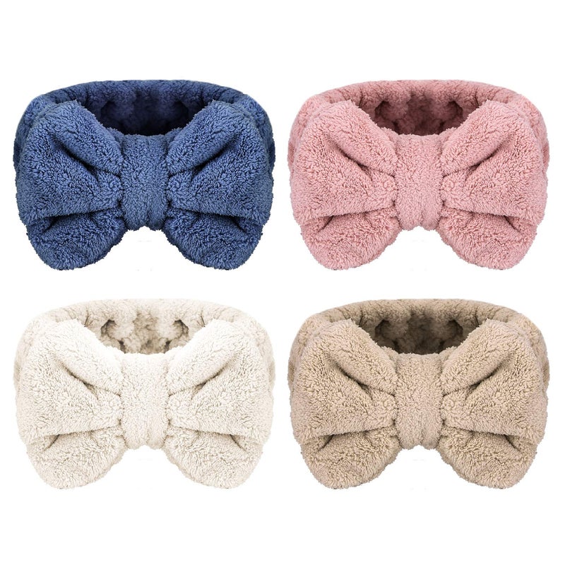 Senkary 4 Pack Makeup Headband Microfiber Spa Headband Bow Towel Headband Soft Fluffy Washing Face Headband for Women Girls Shower Bath Skincare White Blue Pink Brown