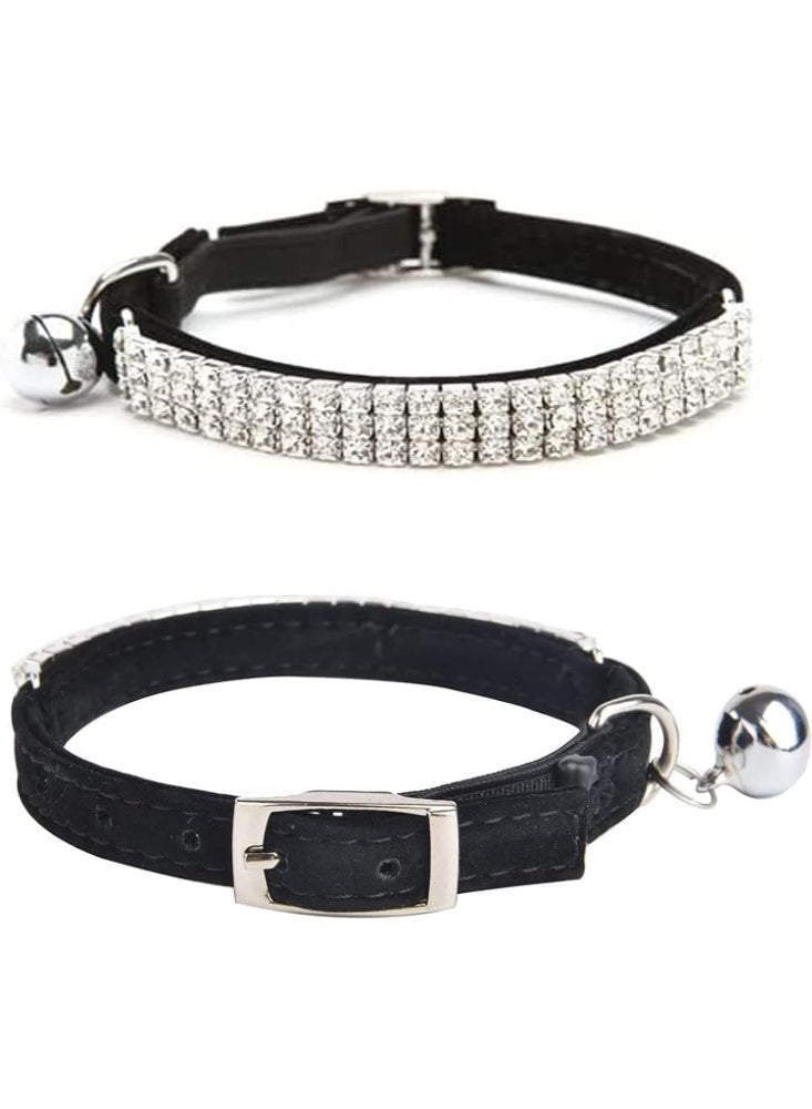 Black Soft Velvet Cat Collar with Diamante Bling and Bells, Adjustable Safe Collar for Cats and Small Dogs, 11 Inches - Image 3