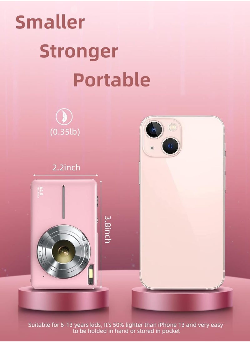 null - Digital Camera, FHD 1080P Kids Camera, 44MP Point and Shoot Digital Cameras with 32GB Memory Card and Two Batteries, 16X Zoom , Lanyard, Compact Size Camera, Gift for Boys/Girls (Pink) - Image 1