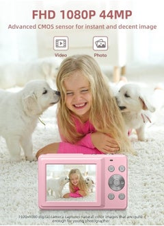 Generic Digital Camera, FHD 1080P Kids Camera, 44MP Point and Shoot Digital Cameras with 32GB Memory Card and Two Batteries, 16X Zoom , Lanyard, Compact Size Camera, Gift for Boys/Girls (Pink)  - Image 2