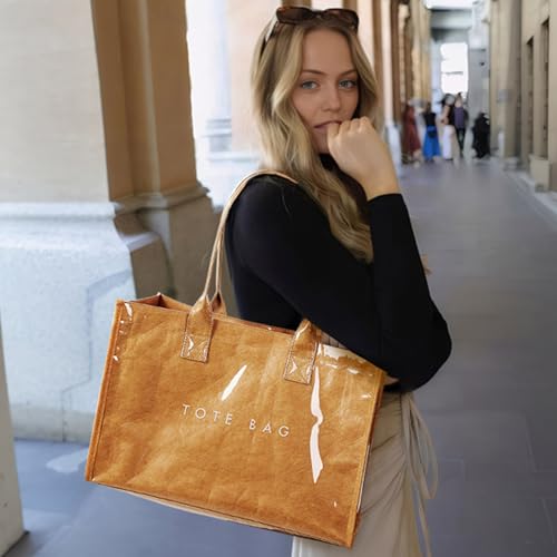 KALIDI FANCY FOREST KALIDI PVC Tote Bag Women’s Kraft Paper Work Handbags Purses with Top Handle,Brown - Image 5