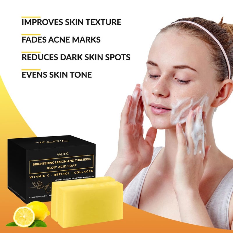 VALITIC Brightening Lemon & Turmeric Kojic Acid Soap with Vitamin C, Retinol, Collagen - Original Japanese Complex Infused with Hyaluronic Acid, Vitamin E, Shea Butter, Castile Olive Oil (2 Pack) - Image 2