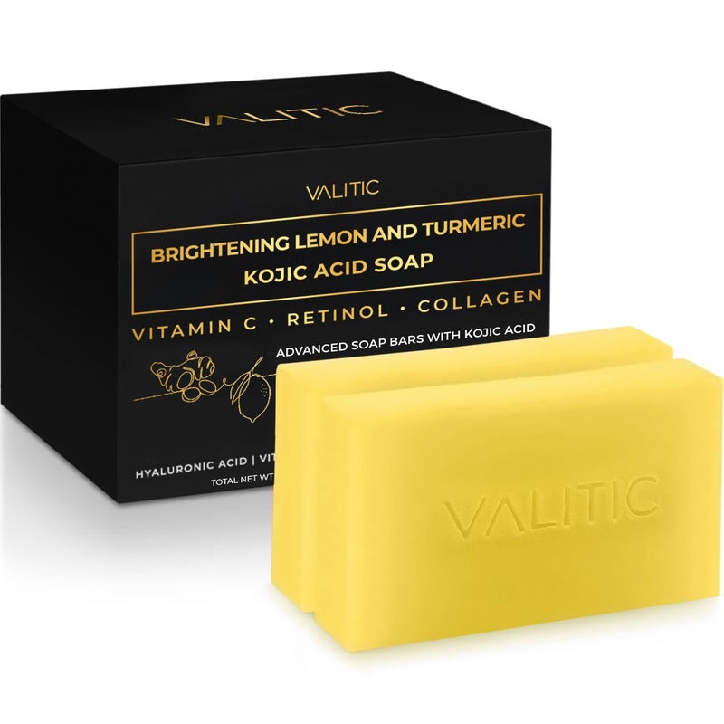 VALITIC Brightening Lemon & Turmeric Kojic Acid Soap with Vitamin C, Retinol, Collagen - Original Japanese Complex Infused with Hyaluronic Acid, Vitamin E, Shea Butter, Castile Olive Oil (2 Pack) - Image 1