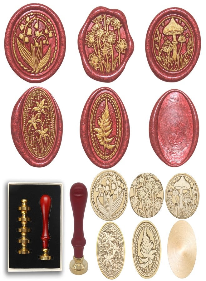Andotopee Wax Seal Stamp Kit, 6 Pcs Wax Seal Stamp Head 1 Wooden Hilt Letter Wax Seal Kit, Sealing Wax Stamp Seal Set Include Lily/Daisy/Mushroom/Oval Blank Envelope Sealing Wax Stamps for Wedding Invitation - Image 1