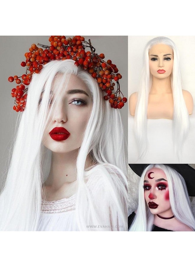 BLUPLE Long Straight Lace Front Wigs 1001 Platinum White Natural Heat Resistant Synthetic Hair Half Hand Tied Wigs For Cosplay Daily Wear (22 Inches Straightwhite) - Image 4