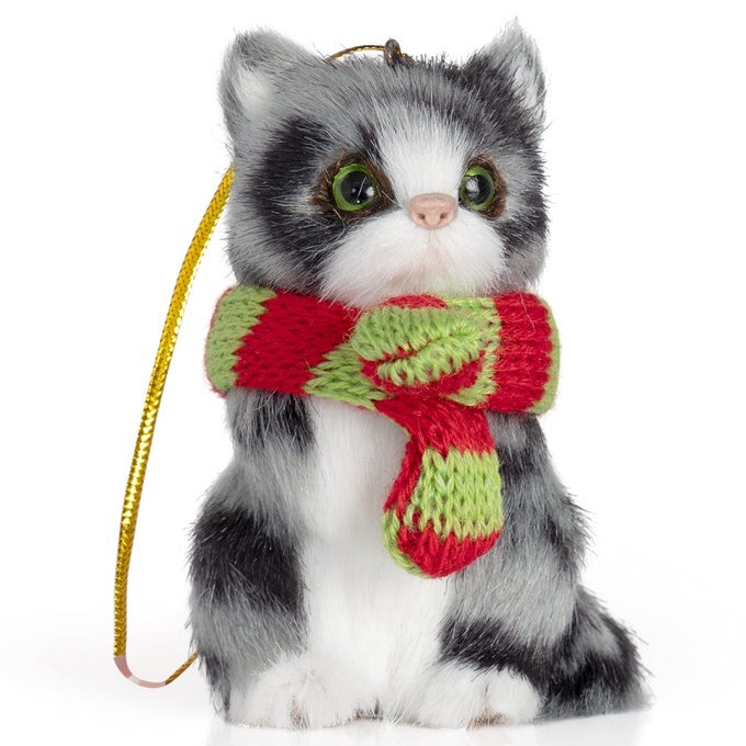 CHRISTMAS MINI CAT ORNAMENT FURRY BLACK KITTY KITTEN WITH SCARF XMAS HOLIDAY TREE HANGING DECORATION 3