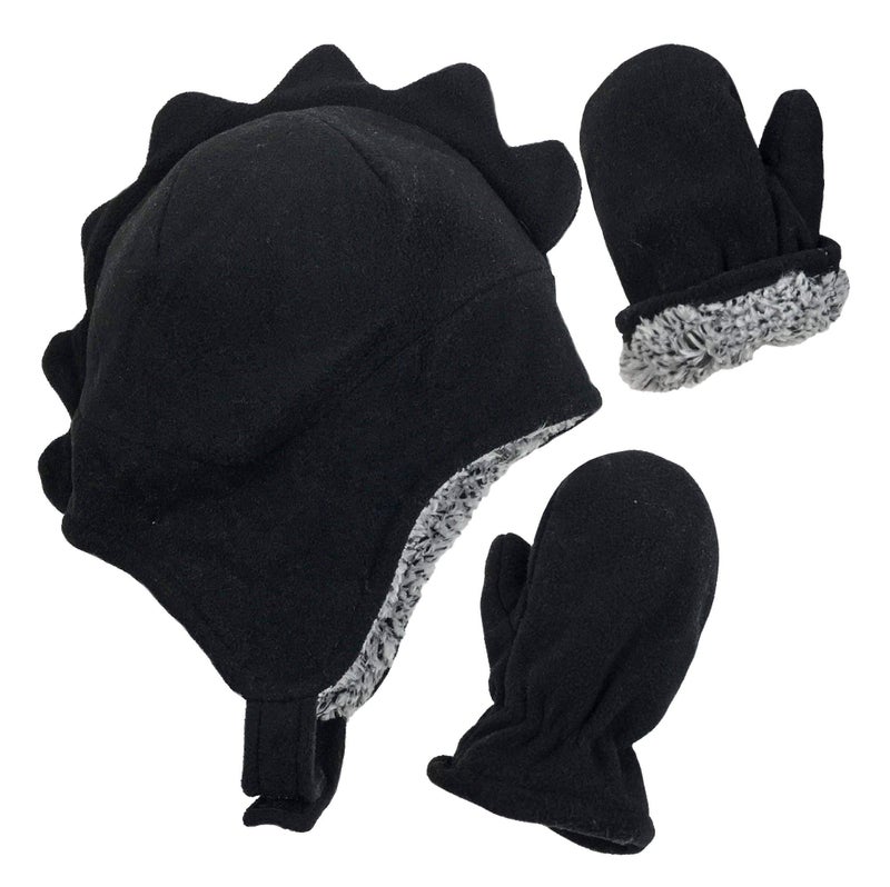 N'Ice Caps Toddler Baby Hat Mitten Set Boys Dino Fleece Gloves Warm Sherpa Lined (Black Dino, 2-3T) - Image 1