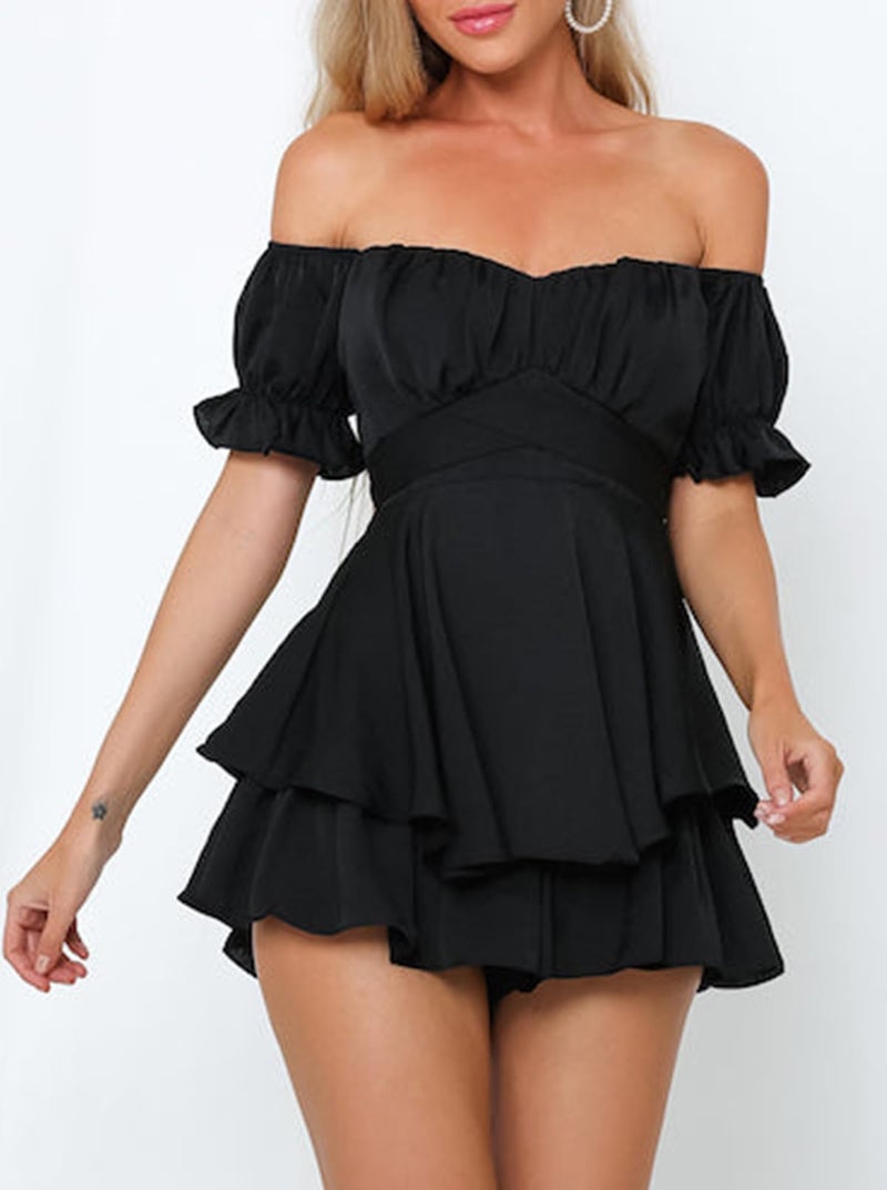 Fixmatti Women Fashion Ruffle Short Sleeve Off Shoulder High-Waisted Chiffon Romper Shorts Jumpsuit Black XL - Image 5