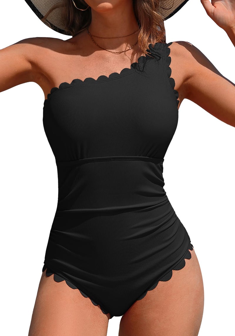 Charmo Womens One Piece Swimsuits Scalloped One Shoulder Bathing Suit for Women Ribbed Tummy Control Swim Suit Swimwear Black XL - Image 1