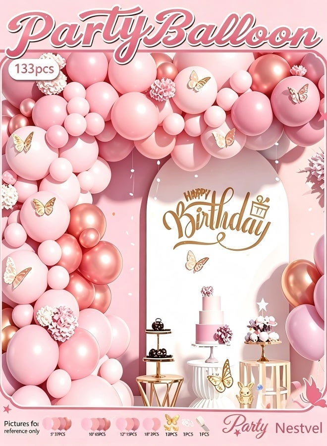 Nestvel Pink Butterfly Balloon Garland Kit - 133pcs Party Decor Balloon Toys, Latex Balloons with Butterfly Stickers for Birthday, Wedding, Baby Shower, Luxury Party Supplies - Image 1