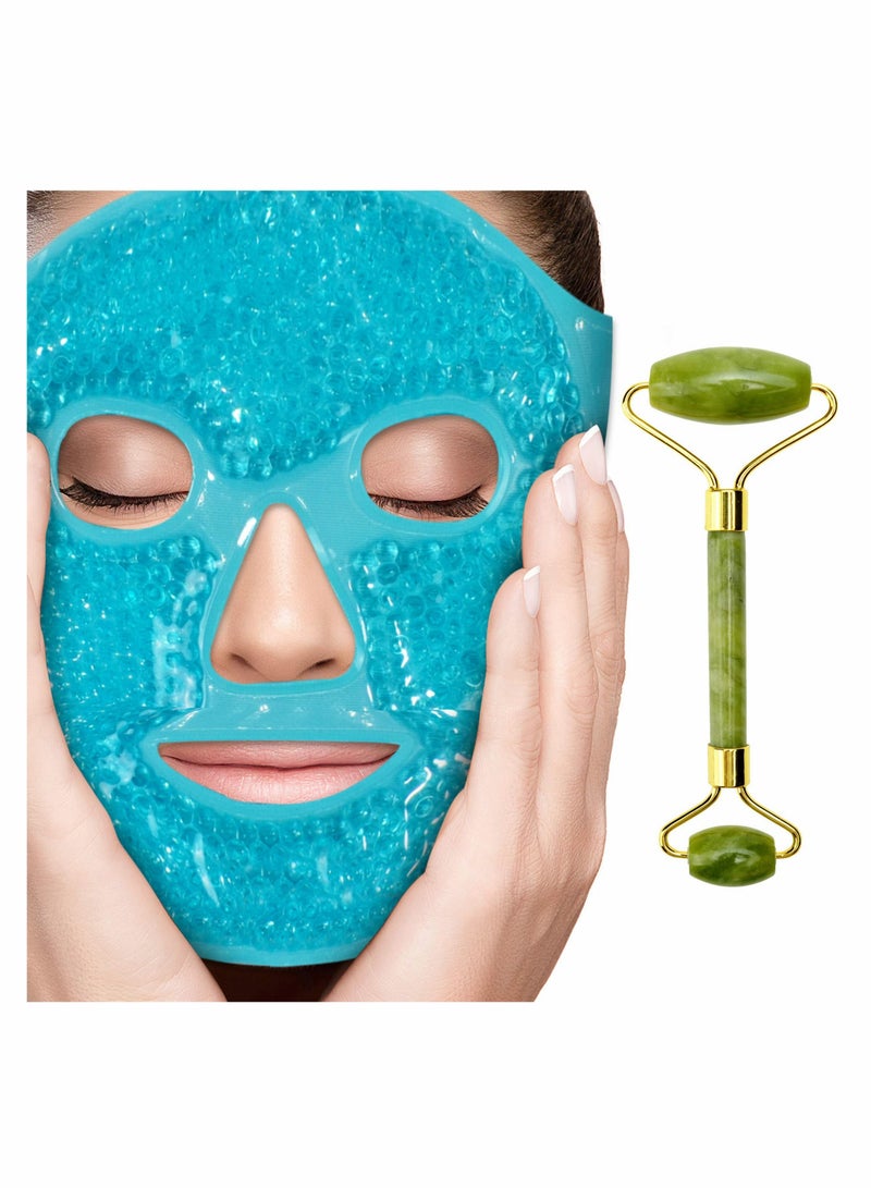 KASTWAVE قناع الثلج للوجه + بكرة اليشم - أداة تدليك الوجه والرقبة بكرة التجميل - مجموعة بكرة الوجه الحجرية وأقنعة الوجه للتجاعيد والخطوط الدقيقة ومكافحة الشيخوخة والانتفاخات والهالات السوداء والعناية بالبشرة بشكل عام - Image 1