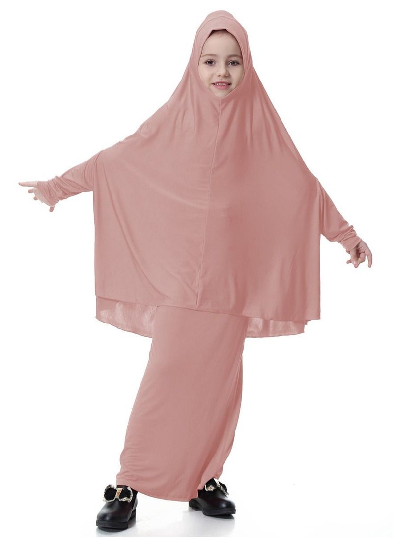 Loquat - Girl's Traditional 2-Piece Set Solid Color Abaya Robe And Skirt Suit Dusty Pink - Image 1