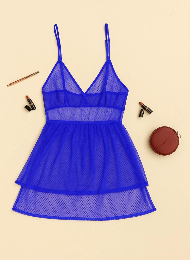 Clovia Clovia Chic Basic Babydoll in Royal Blue with G-string - Mesh