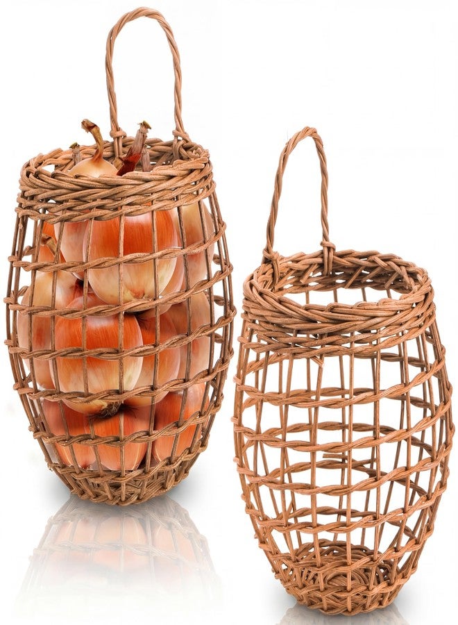 Elsjoy Set of 2 Hanging Onion Basket, Wall Mount Small Wicker Baskets for Food Storage, Woven Rattan Basket for Kitchen, Pantry, Home Decor - Image 1