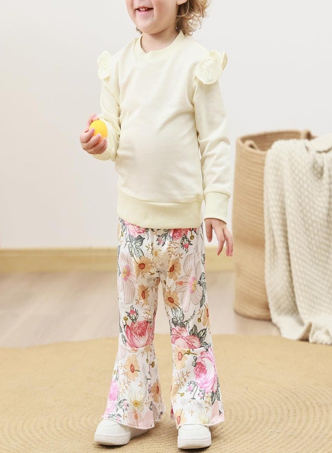 Yvowming Toddler Baby Girl Fall Winter Clothes Ruffle Sleeve Sweatshirt Tops Floral Bell Bottom Pant Outfits (Beige, 6-12 Months) - Image 2