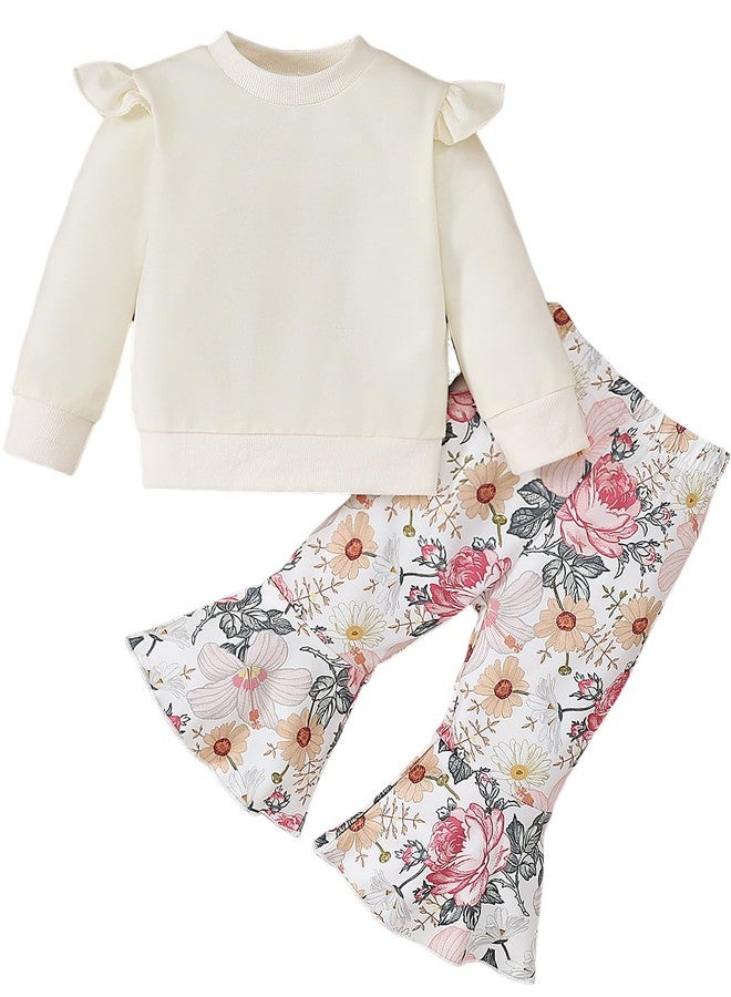 Yvowming Toddler Baby Girl Fall Winter Clothes Ruffle Sleeve Sweatshirt Tops Floral Bell Bottom Pant Outfits (Beige, 6-12 Months) - Image 1