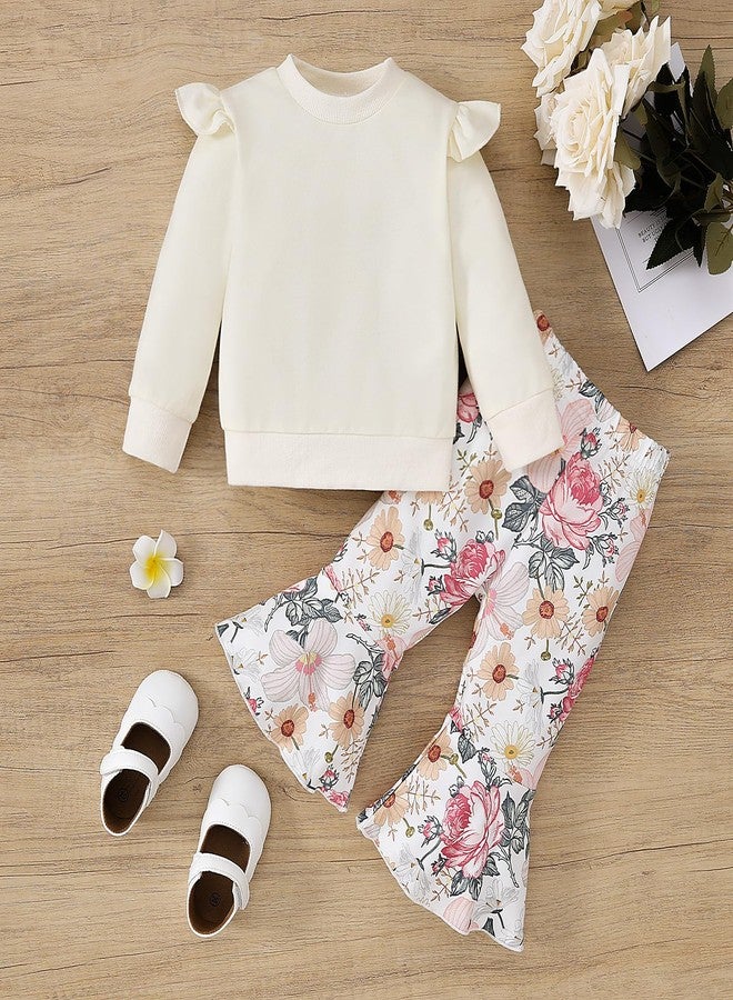 Yvowming Toddler Baby Girl Fall Winter Clothes Ruffle Sleeve Sweatshirt Tops Floral Bell Bottom Pant Outfits (Beige, 6-12 Months) - Image 4