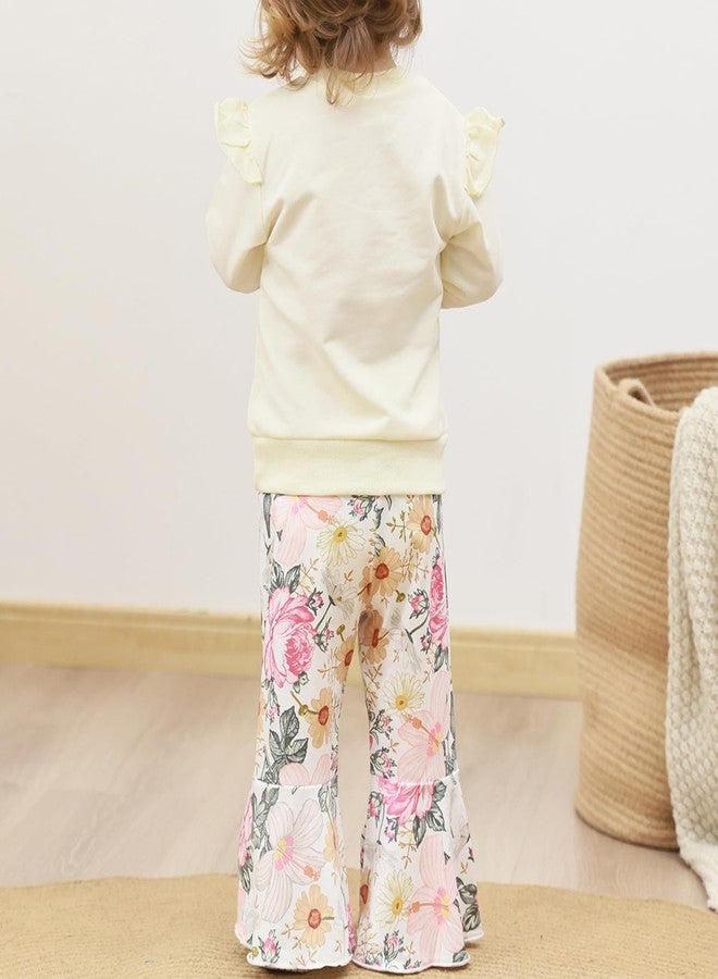 Yvowming Toddler Baby Girl Fall Winter Clothes Ruffle Sleeve Sweatshirt Tops Floral Bell Bottom Pant Outfits (Beige, 6-12 Months) - Image 3