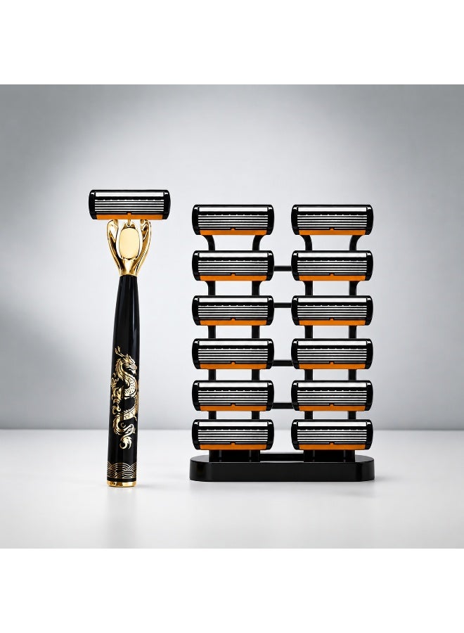 Temu 6-Blade Men's Razors, 12-Piece Manual Razor Set with Stainless Steel Blades, Eastern Dragon Design, Washable Shavers for Beard, Mustache & Coarse Hair - Image 1