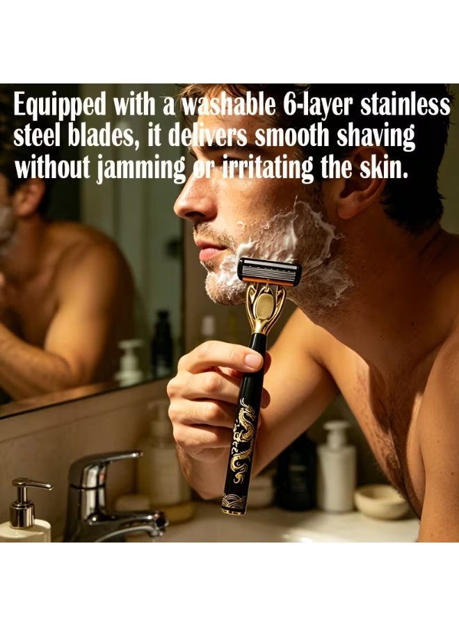 Temu 6-Blade Men's Razors, 12-Piece Manual Razor Set with Stainless Steel Blades, Eastern Dragon Design, Washable Shavers for Beard, Mustache & Coarse Hair - Image 5