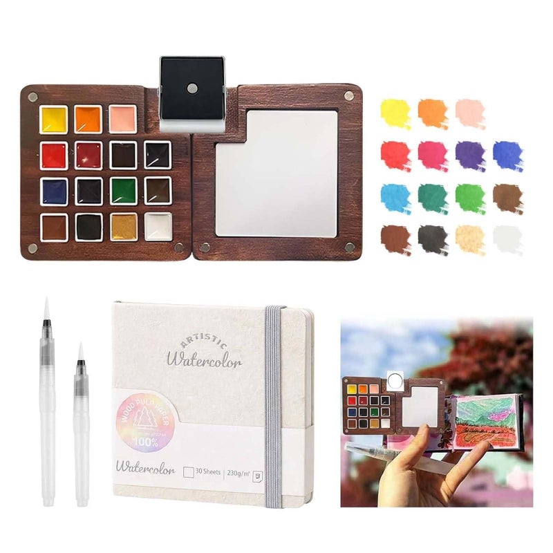 GOOTXUSK Mini Paint Palette Travel Kit Mini Travel Watercolor Palette Set Pocket Artist Water Color Travel Set with Colours Binder Clips Watercolor Pens Wooden Paint Box for Painters Artists Students - Image 2