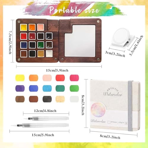 GOOTXUSK Mini Paint Palette Travel Kit Mini Travel Watercolor Palette Set Pocket Artist Water Color Travel Set with Colours Binder Clips Watercolor Pens Wooden Paint Box for Painters Artists Students - Image 3
