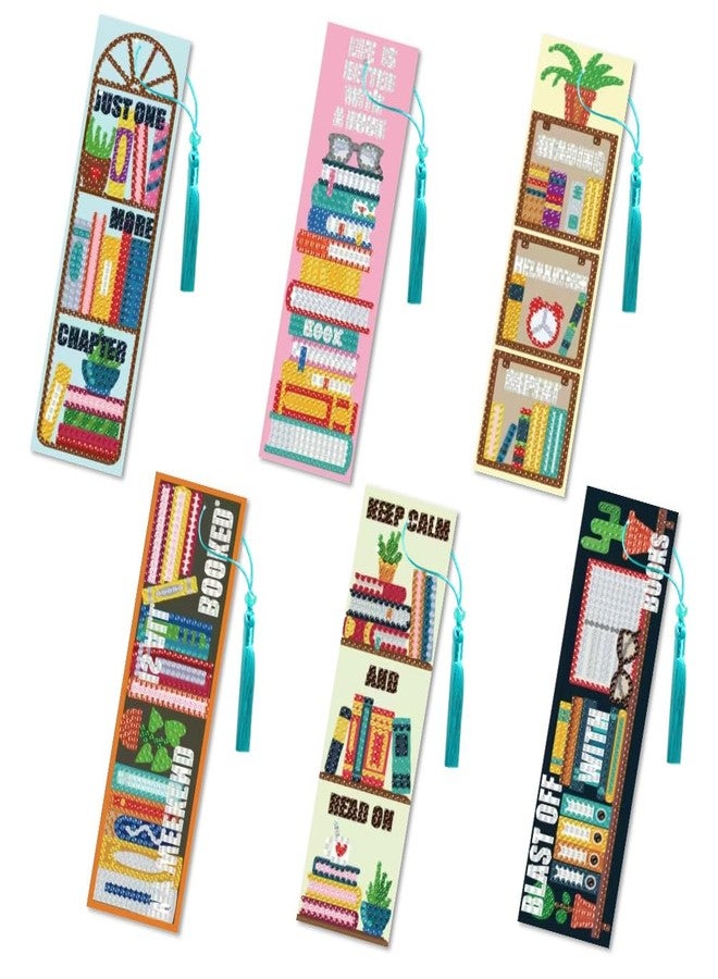 beinkmake 6Pcs Reading 5D Diamond Art Bookmarks Shelves Books Motivational Diamond DIY Painting Bookmarks Rhinestones Beaded Acrylic Tassel Bookmark for Adult Beginner Crafts - Image 1