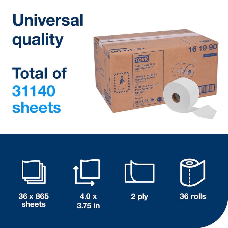 Tork OptiCore Mid-size Toilet Paper Roll White T11, Universal, 2-ply, 36 x 865 sheets, 161990 - Image 2