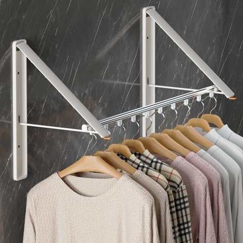 Dr.DJ DrDJ Clothes Drying Rack with Rod WallMounted Retractable Foldable Clothes Hanger for Laundry Room Organization and Storage Metal Clothes Hanger Rack for Dorm Closet Balcony 2Rack1Rod White - Image 1
