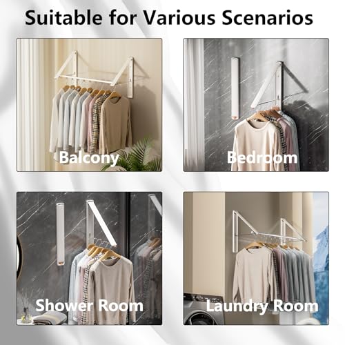 Dr.DJ DrDJ Clothes Drying Rack with Rod WallMounted Retractable Foldable Clothes Hanger for Laundry Room Organization and Storage Metal Clothes Hanger Rack for Dorm Closet Balcony 2Rack1Rod White - Image 3