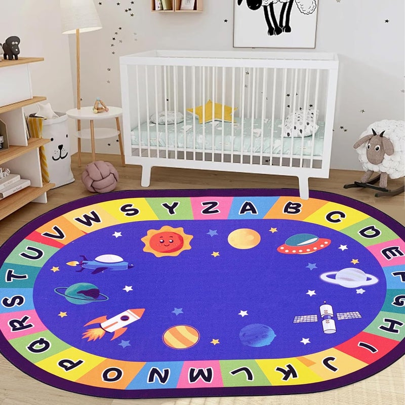 USTIDE Oval Kids Rug 4x6,ABC Alphabet Space Bedroom Rug Non-Slip Solar System Planet Rugs Light Weight Play Mat for Kids Room Washable Indoor Floor Mat for Playroom Nursery Room - Image 3