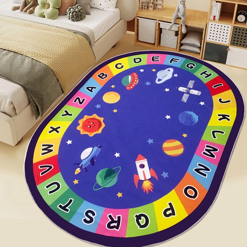 USTIDE Oval Kids Rug 4x6,ABC Alphabet Space Bedroom Rug Non-Slip Solar System Planet Rugs Light Weight Play Mat for Kids Room Washable Indoor Floor Mat for Playroom Nursery Room - Image 4