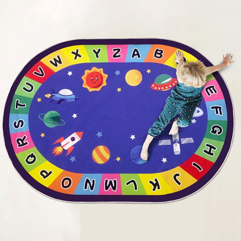 USTIDE Oval Kids Rug 4x6,ABC Alphabet Space Bedroom Rug Non-Slip Solar System Planet Rugs Light Weight Play Mat for Kids Room Washable Indoor Floor Mat for Playroom Nursery Room - Image 5