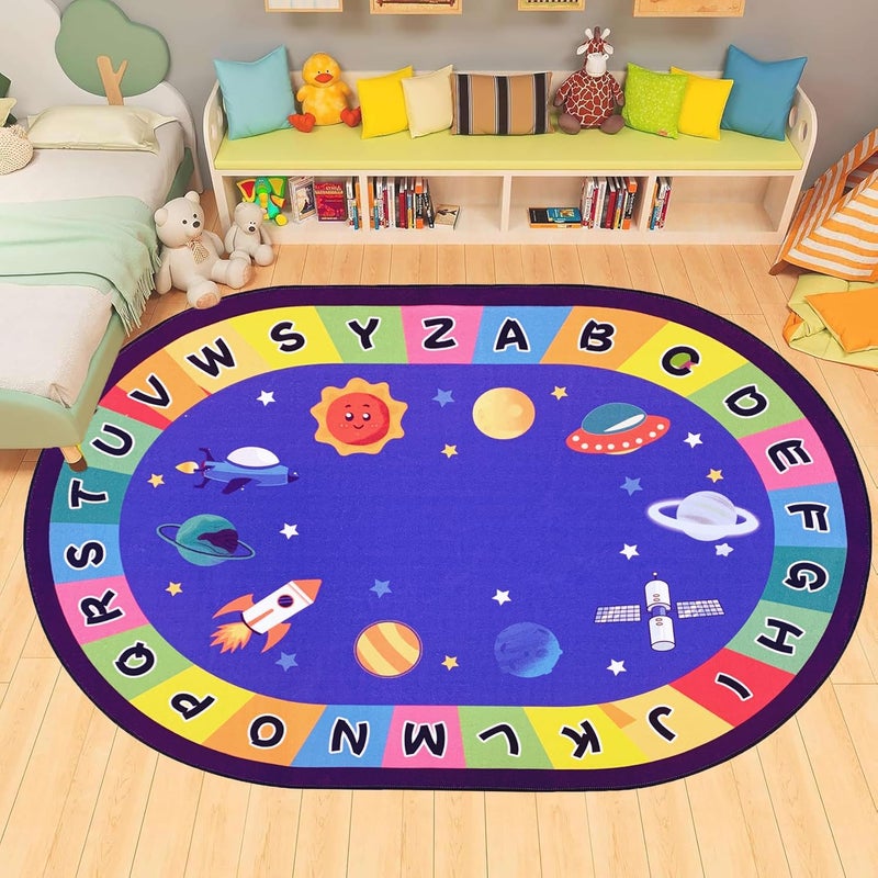 USTIDE Oval Kids Rug 4x6,ABC Alphabet Space Bedroom Rug Non-Slip Solar System Planet Rugs Light Weight Play Mat for Kids Room Washable Indoor Floor Mat for Playroom Nursery Room - Image 1