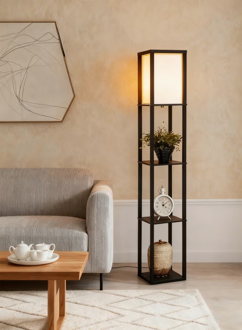 Modern Shelf Floor Lamp with Lamp Shade and LED Bulb Corner Display Floor Lamps with Shelves for Living Room Bedroom and Office Black