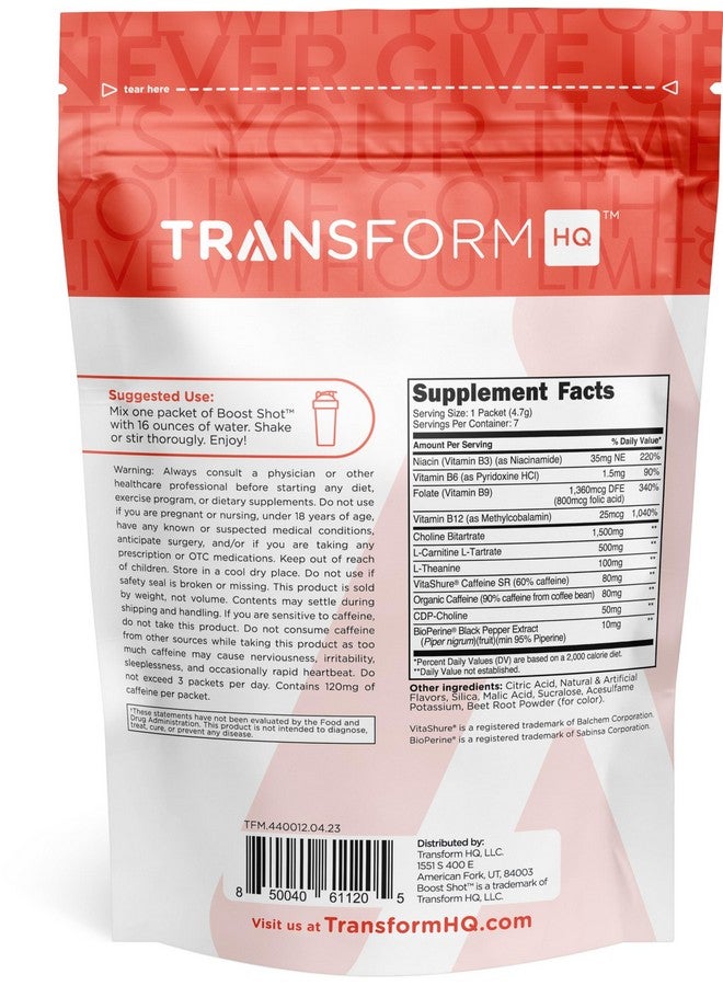 TransformHQ Boost Shot Powder Drink Stick Packets, Strawberry Lemonade, 7 Pack, Energy Supplements for Women & Men, with Caffeine, Vitamin B12, B9, B6 & B3 - Image 2