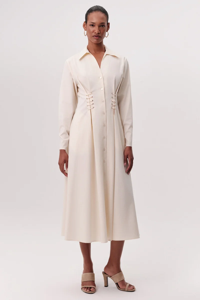 Exquise Cream Regular Midi Dress with Eyelet Detail and Pockets