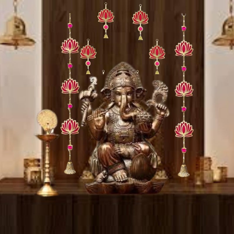 PREETENCY 1 Pair of Lotus Bell Latkan with 4 Bell Lotus Hanging Combo Wall Hanging Gift Decorative Showpiece for DiwaliHome Wall Decor Temple 1 Pair Bell Lotus Hanging with 4 Bell Lotus Hanging - Image 1