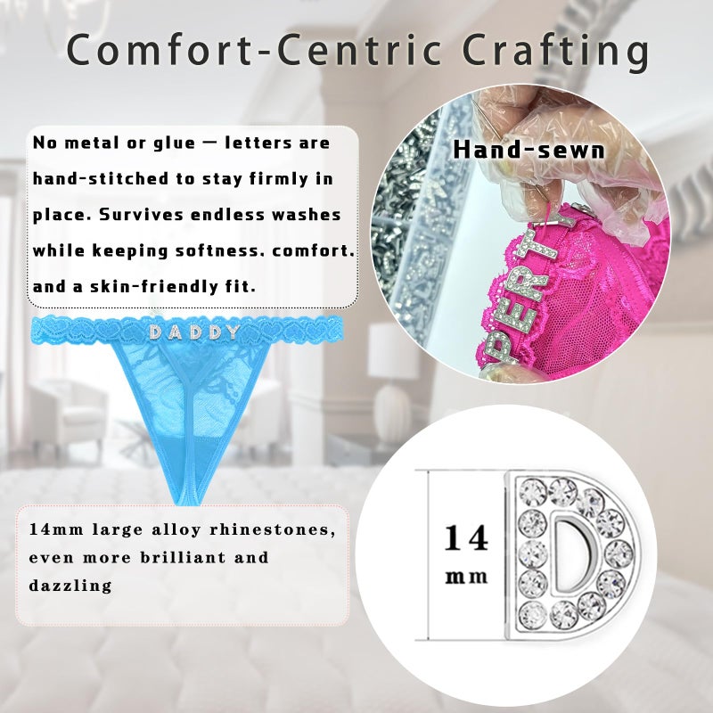Eoribag Women's Personalized Lace Thongs with Funny Rhinestone Letters, Custom Name Underwear Panties for Couplesï¼ŒBride & Valentine's Day Gift, Blue - Image 2