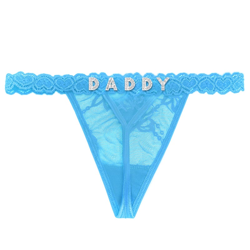 Eoribag Women's Personalized Lace Thongs with Funny Rhinestone Letters, Custom Name Underwear Panties for Couplesï¼ŒBride & Valentine's Day Gift, Blue - Image 1