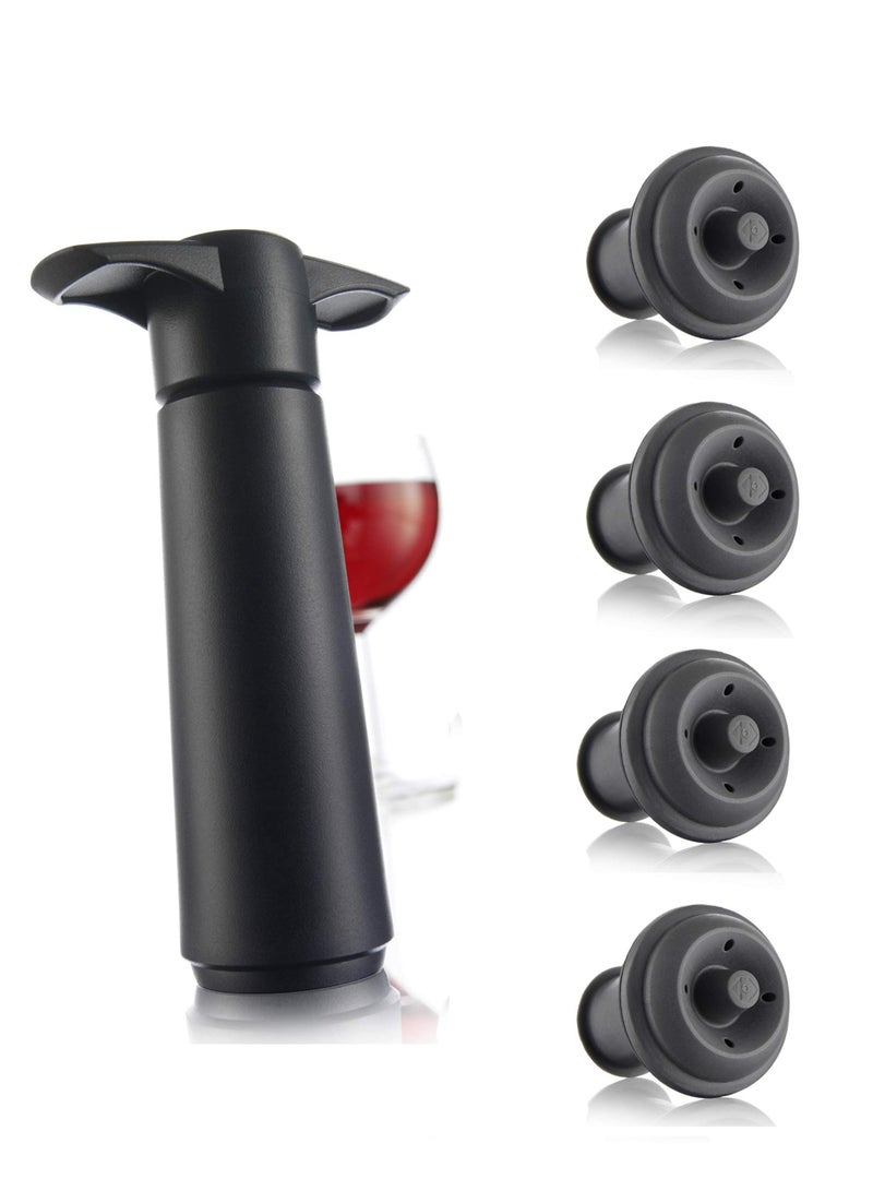 Wine Preservation Pump with 4 Vacuum Stoppers Easy to Use Black Wine Saver Set  - Image 1