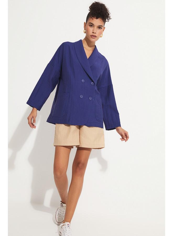 جون بليزر نسائي مزدوج الصدر من جوني بجيوب وتفاصيل منسوجة - كحلي - Image 2