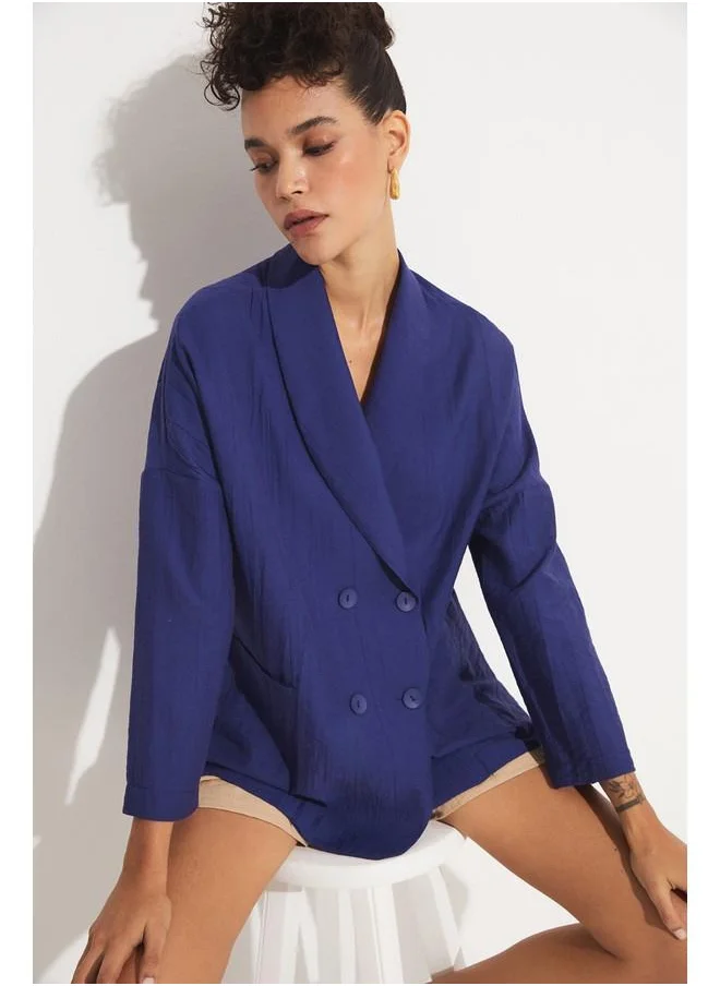 جون June Women Pocket Detailed Unlined Double Breasted Woven Blazer Jacket Navy