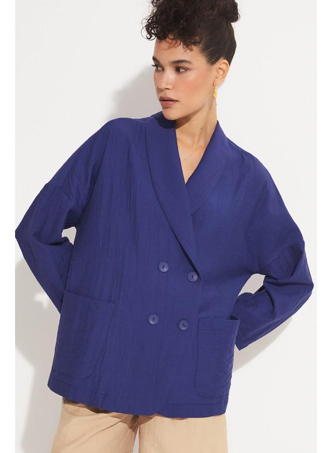 جون بليزر نسائي مزدوج الصدر من جوني بجيوب وتفاصيل منسوجة - كحلي - Image 3