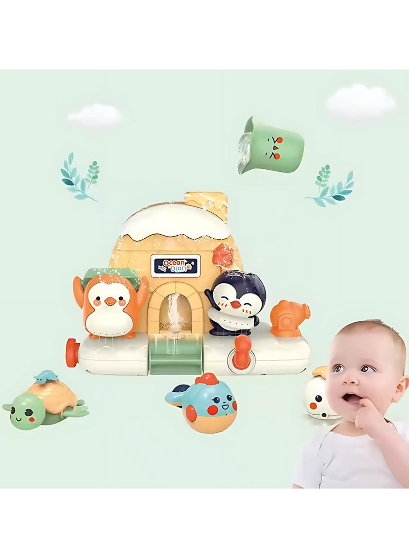 Twisoo Animal Bath Toy Set for Babies – Penguin Waterfall Bathtub Toys with Spinners & Sea Animals, Wall Water Shower Toy for Toddlers, Fun Bath Time Play, 3M+ (Cream) - Image 3