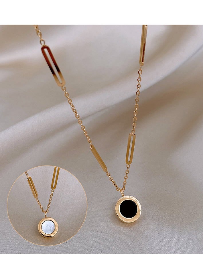 Lucky Roman Numeral Pendant Set Black White Dual Tone Titanium Steel Necklace Bracelet Earrings for Women Elegant Jewelry Trio