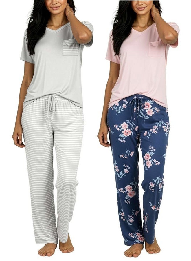 REALESSENTIALS Women's Long Sleeve Pajama Sets Ladies Soft Winter Fall Sleepwear Pajamas Clothes Loungewear Long Sleeve Tops Pants Bottoms Fall Warm Silky Pj Sets for Women, Set 2, XS, Pack of 2 - Image 1