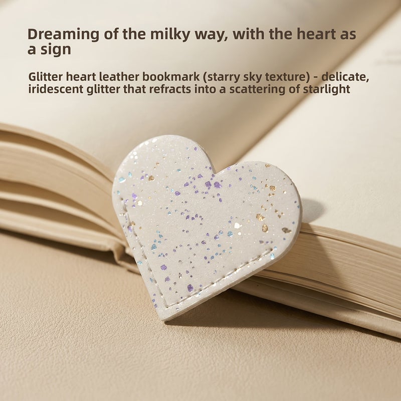 Healing 8 Color Glitter Heart Bookmark Handmade Stitched Faux Leather Page Holder 8 Packs - Image 1