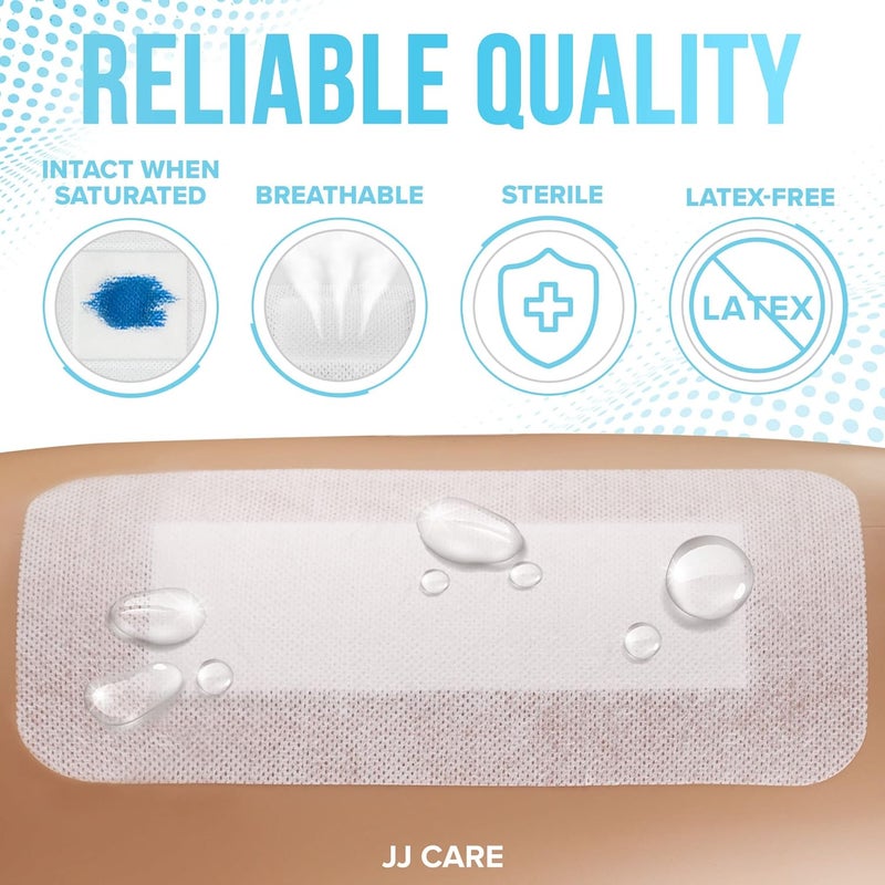 JJ CARE عبوة تضم 25 ضمادة جزيرة لاصقة مقاومة للماء 4 × 10 معقمة محاطة بالشاش قابلة للتنفس - Image 4